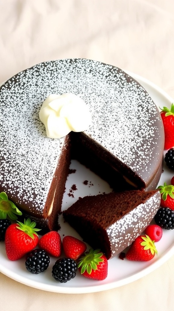 6-Inch Flourless Chocolate Cake Recipe A 6-inch flourless chocolate cake, rich and fudgy, dusted with powdered sugar, served with berries and whipped cream.